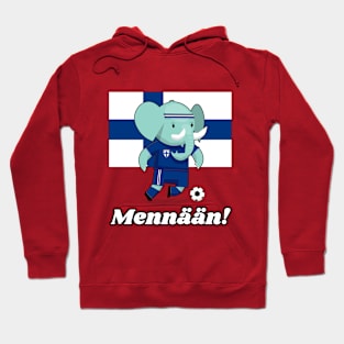 ⚽ Finland Football, Cute Elephant Kicks Ball, Mennään! Team Spirit Hoodie